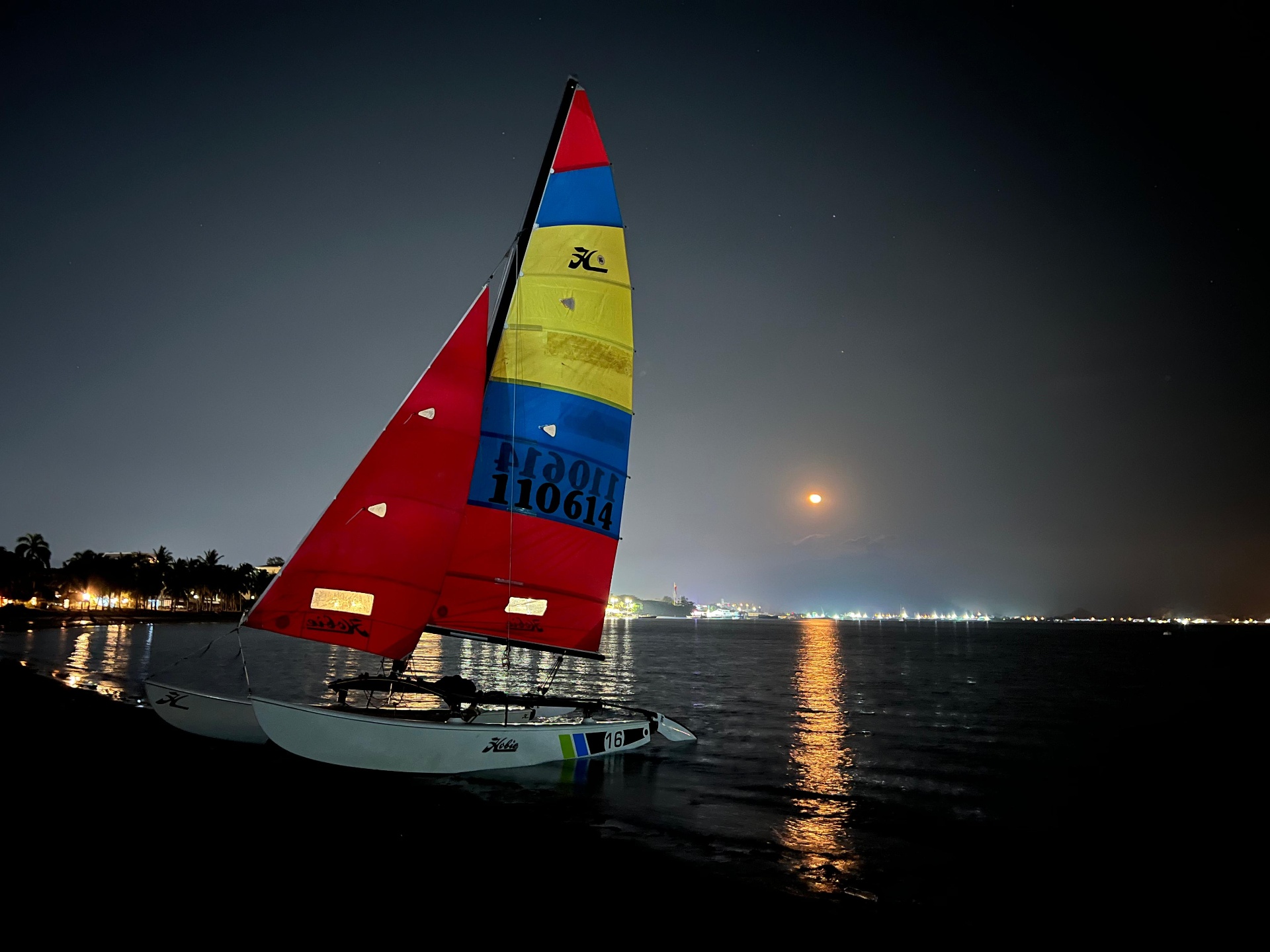 Sail #110614 under the rising moon — the boat that will sail 3,700 km.